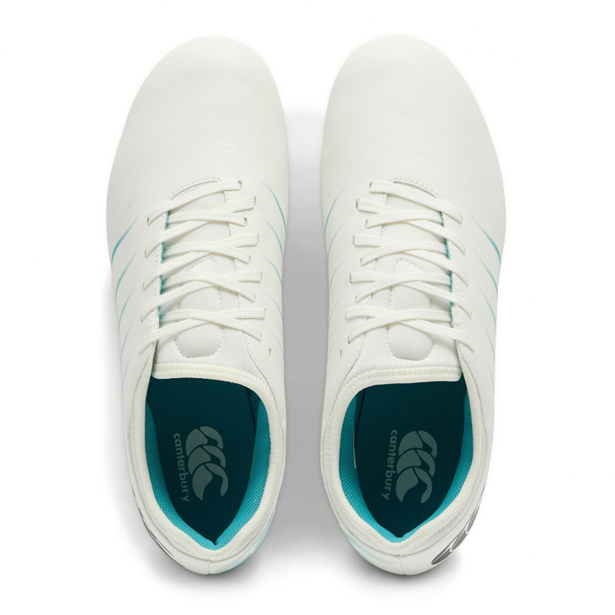 A top-down view of Canterbury Phoenix 2.0 Team SG AU Rugby Boots - White/Baltic Green, featuring white soft ground rugby boots with green accents.