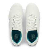 A top-down view of Canterbury Phoenix 2.0 Team SG AU Rugby Boots - White/Baltic Green, featuring white soft ground rugby boots with green accents.