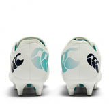 Back view of two white Canterbury Phoenix 2.0 Team SG AU Rugby Boots with dark blue and light blue logos and metal studs.