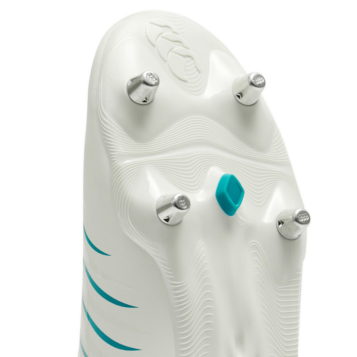 Sole of a white Canterbury Phoenix 2.0 Team SG AU Rugby Boot with four silver metal studs and one teal plastic stud.
