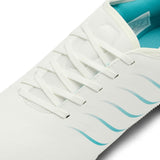 Close-up of a white and Baltic green Canterbury Phoenix 2.0 Team SG AU rugby boot with white laces and teal accents on the side and interior lining.