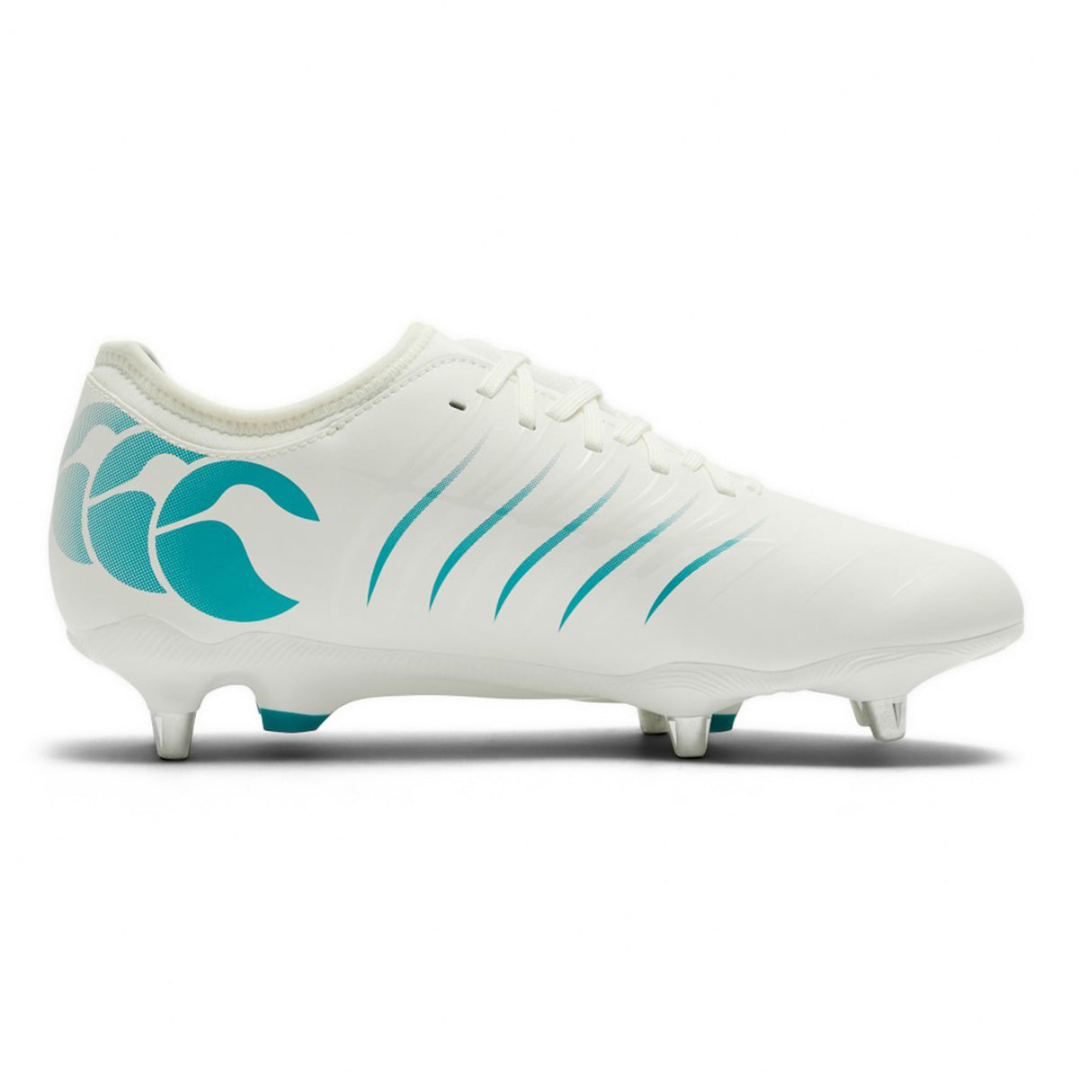 Canterbury Phoenix 2.0 Team SG AU rugby boots in white with Baltic Green graphics and metal studs.