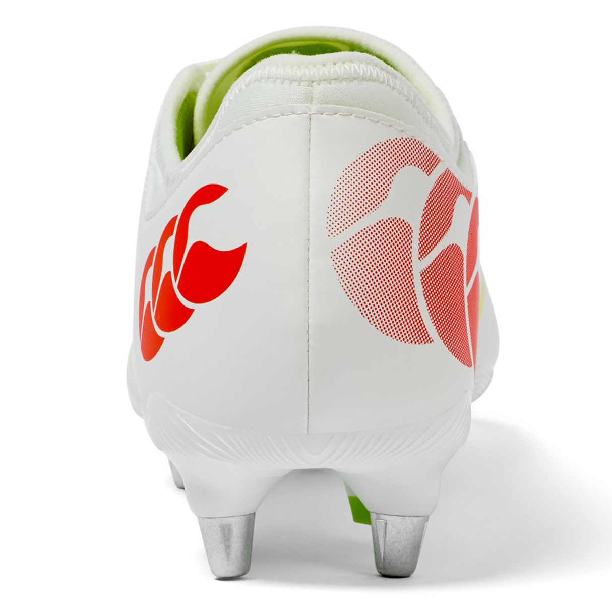A close-up rear view of the Canterbury Phoenix 2.0 Team SG rugby boot by Canterbury, in Snow White/Tangerine Tango, showcasing bold red graphics and silver metal studs—perfect for top soft ground rugby performance.