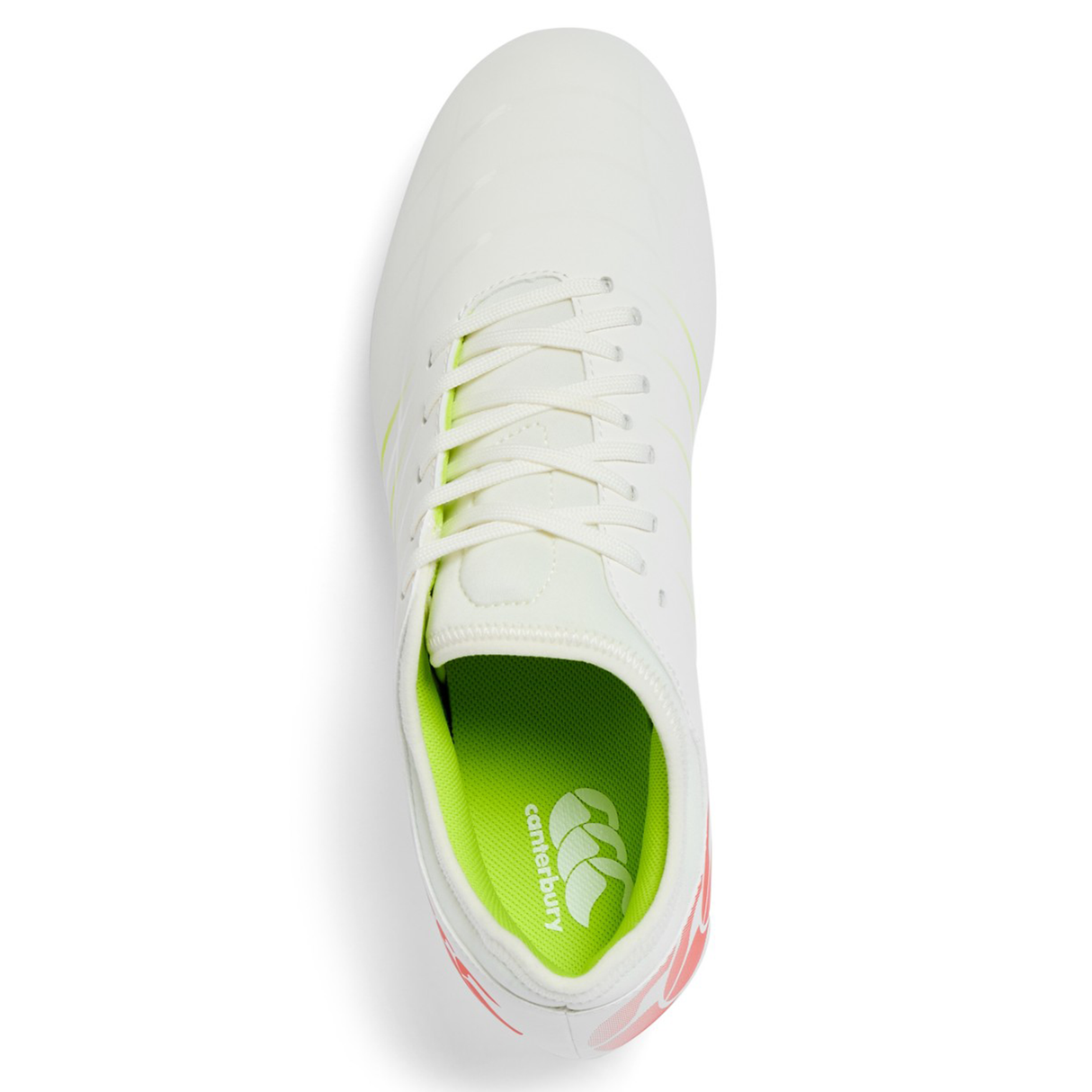 Top view of the Canterbury Phoenix 2.0 Team SG rugby boots by Canterbury—featuring laces, a neon green insole with the logo, and pink detail on the Snow White/Tangerine Tango heel.