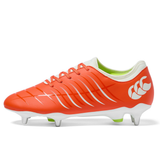 A close-up of Canterbury Phoenix 2.0 Team SG rugby boots in Tangerine Tango/Snow White, designed for wet conditions.