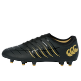 The Phoenix 2.0 Team FG by Canterbury, in black with gold accents and a large gold heel logo, features molded studs designed for firm ground surfaces.