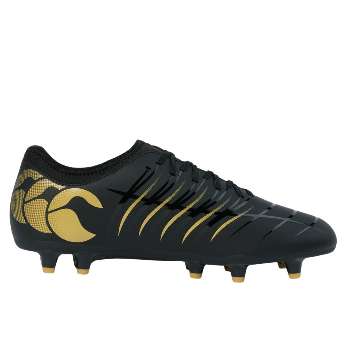 The Canterbury Phoenix 2.0 Team FG boots feature a black design with gold accents, lace-up front, and molded firm ground studs, shown in a sleek side profile.