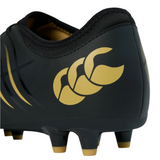 Close-up of the heel of the Phoenix 2.0 Team FG by Canterbury in black, featuring gold accents and logo with molded studs for firm ground play.