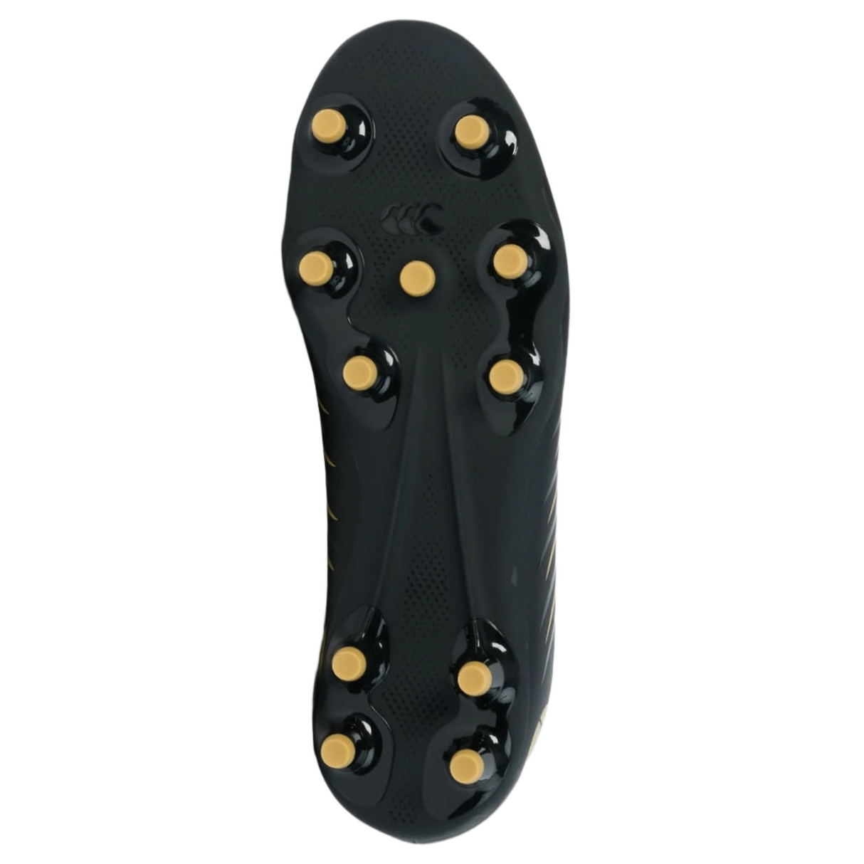 The Phoenix 2.0 Team FG by Canterbury features a black sole with eight gold studs for traction, shown from below against a white background. Inspired by rugby boots and perfect for firm ground pitches.