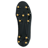 The Phoenix 2.0 Team FG by Canterbury features a black sole with eight gold studs for traction, shown from below against a white background. Inspired by rugby boots and perfect for firm ground pitches.