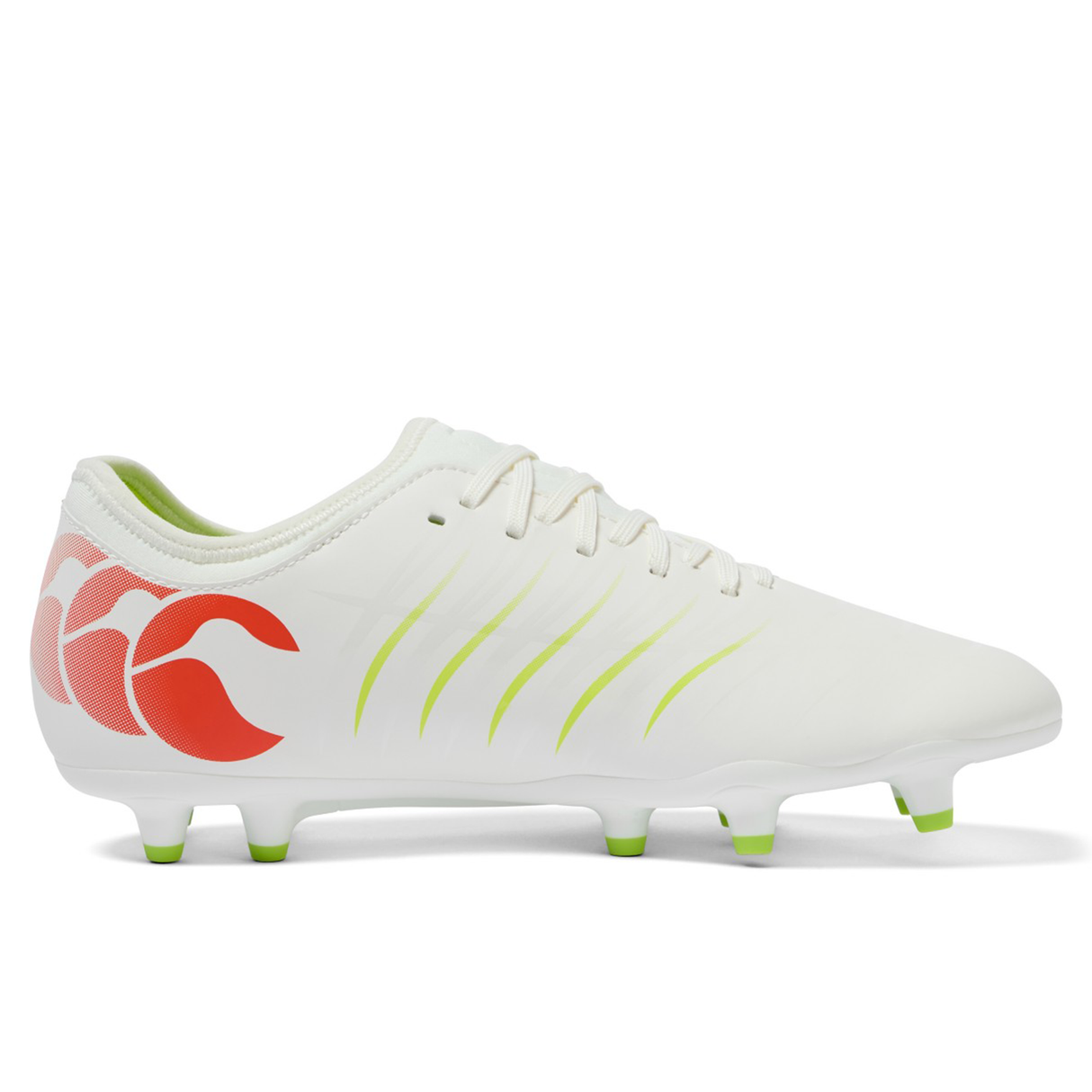 The Canterbury Phoenix 2.0 Team FG boot in Snow White/Tangerine Tango features lime green accents, a red heel logo, and green-tipped studs, displayed on a white background.