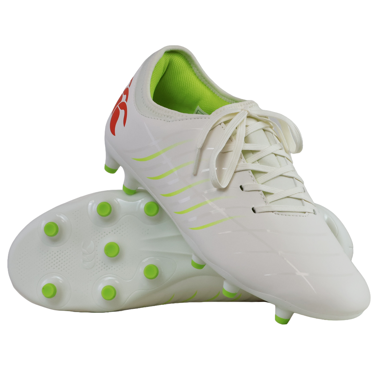 The Canterbury Phoenix 2.0 Team FG football boots in Snow White/Tangerine Tango feature a durable white design, green studs and accents, a red logo on the heel, with one boot shown upright and the other on its side.