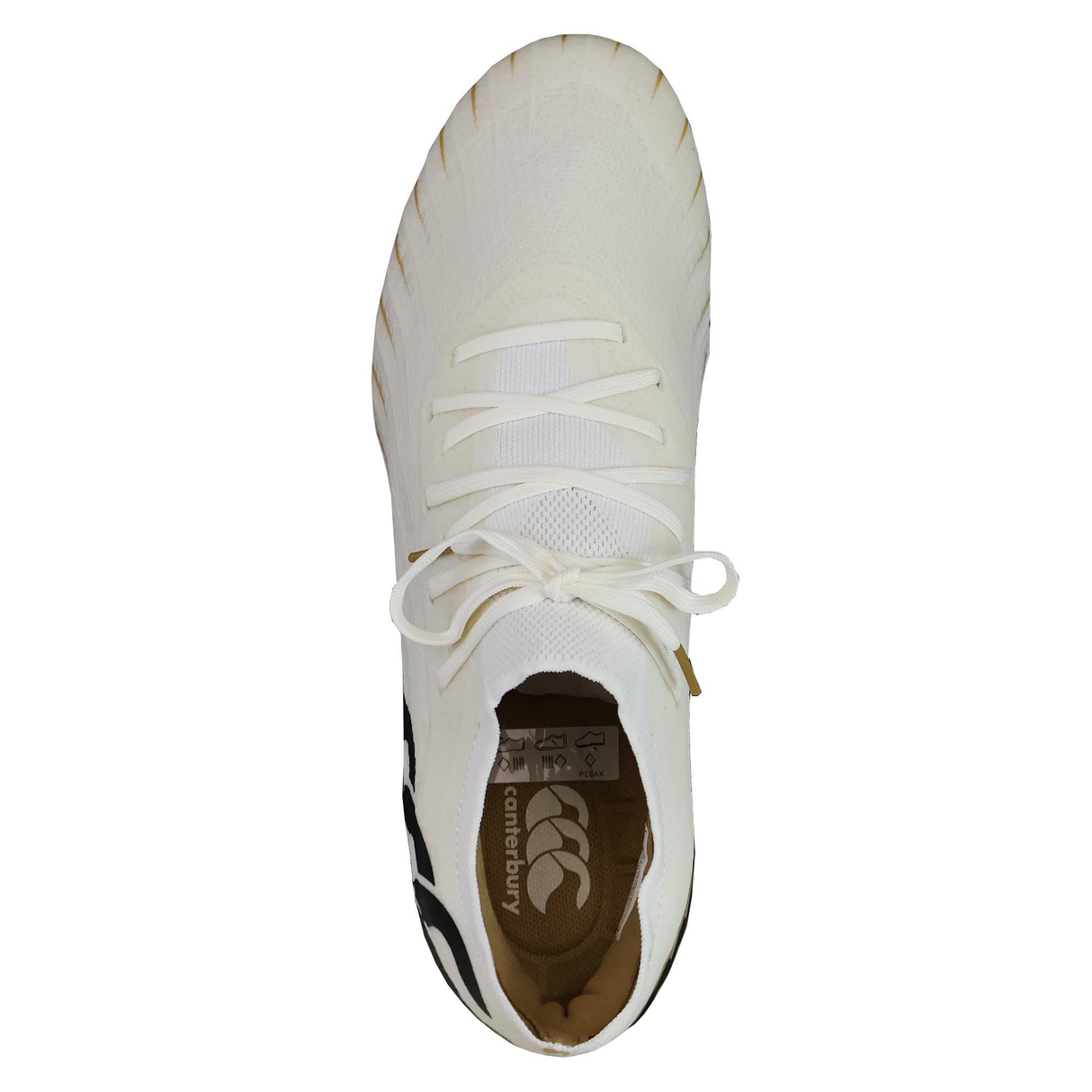 Top view of the Canterbury Speed Falcon Elite SG in white, an athletic shoe with black side detailing, laces, and a branded insole—designed in the classic style of rugby boots.