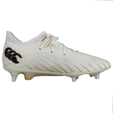 The Canterbury Speed Falcon Elite SG boots are white soft ground boots with metal studs, a black Canterbury logo on the side, and subtle gold detailing, shown in side profile on a plain background.