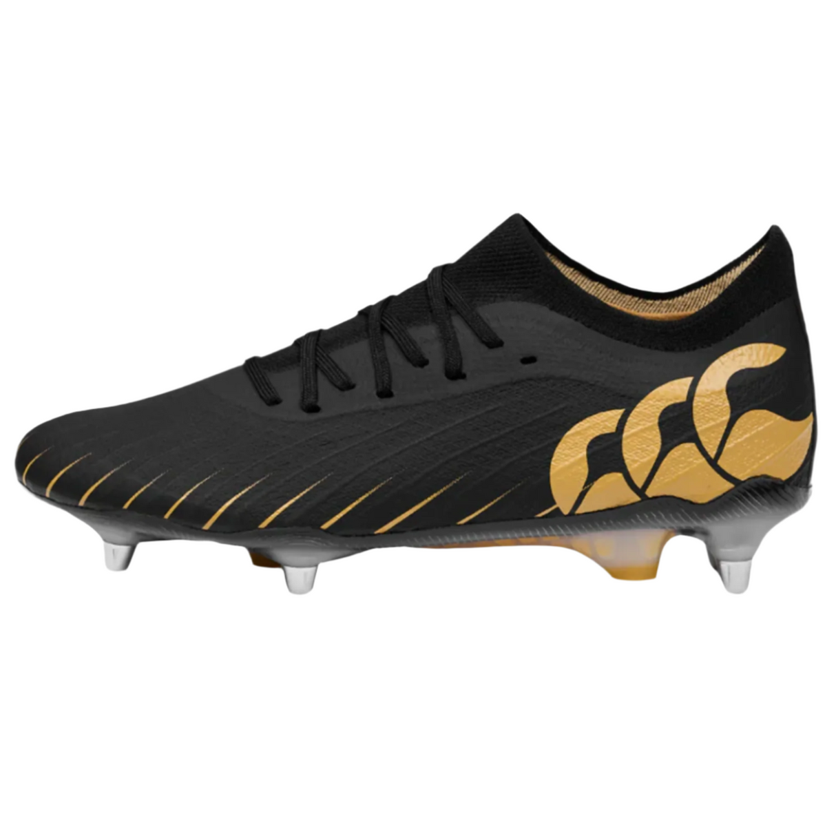 The Canterbury Speed Falcon Elite SG - Black is a premium soft ground rugby boot with metal studs, gold accents, and a stylized logo—ideal for players seeking style and performance.