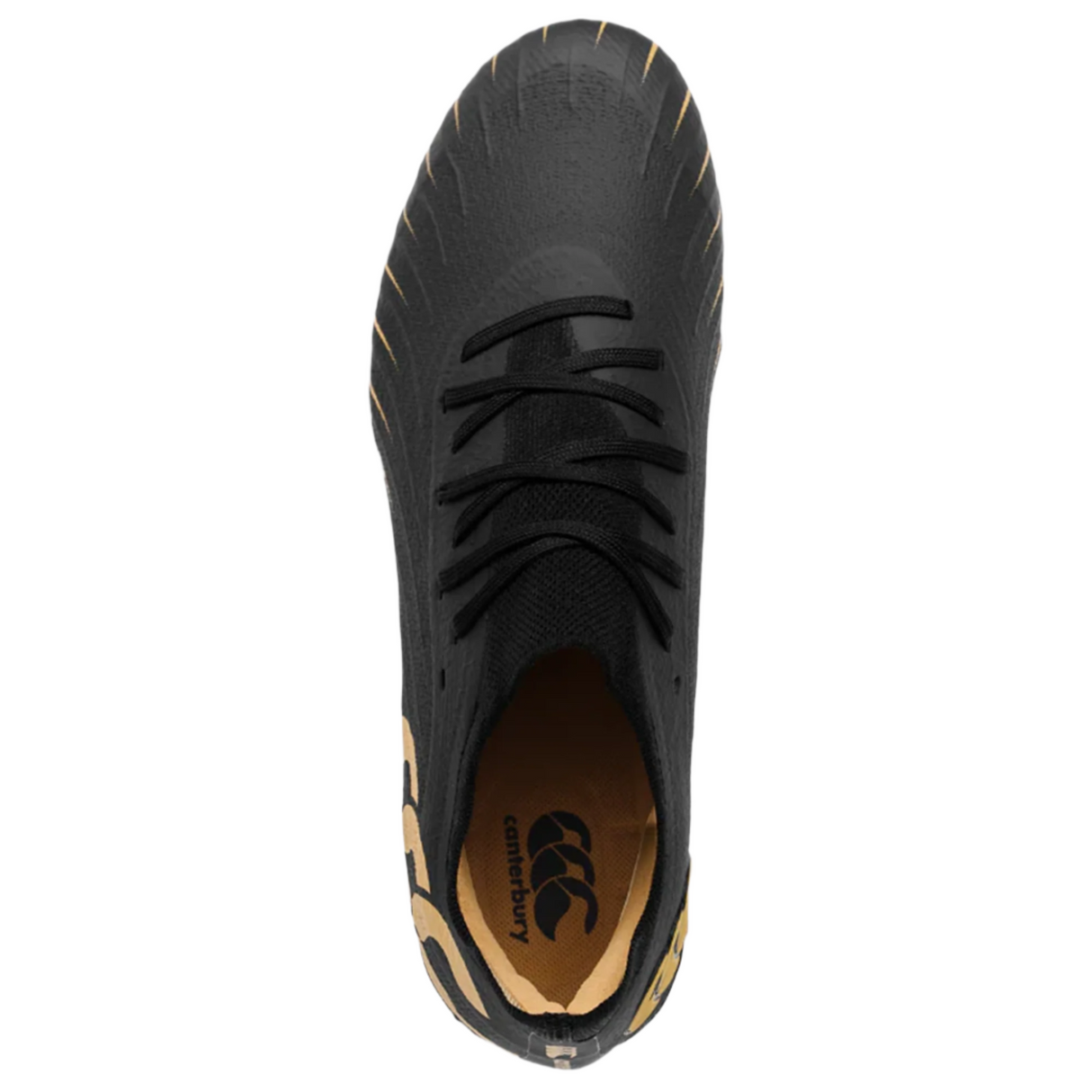 Top view of the Canterbury Speed Falcon Elite SG in black, featuring tan accents, black laces, and a visible Canterbury logo on the tan insole—ideal soft ground rugby boots for agile performance.