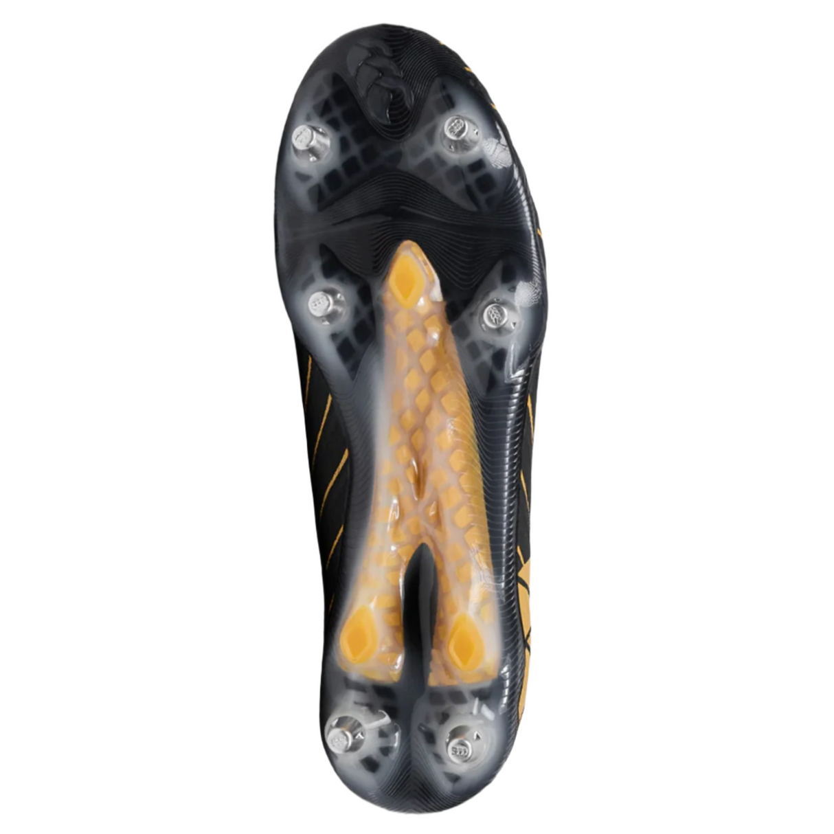 The image shows the underside of the Canterbury Speed Falcon Elite SG rugby boot in black, featuring metal studs and a textured soleplate design.