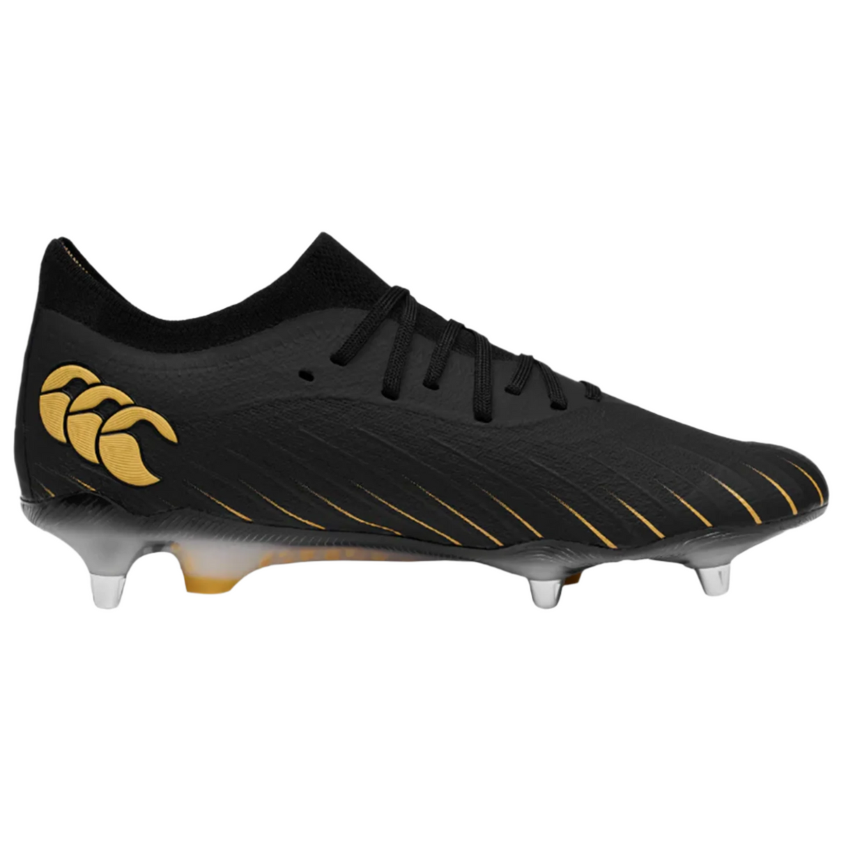 The Canterbury Speed Falcon Elite SG rugby boot in black features gold accents, metal studs for soft ground, and a gold side logo, shown on a white background.