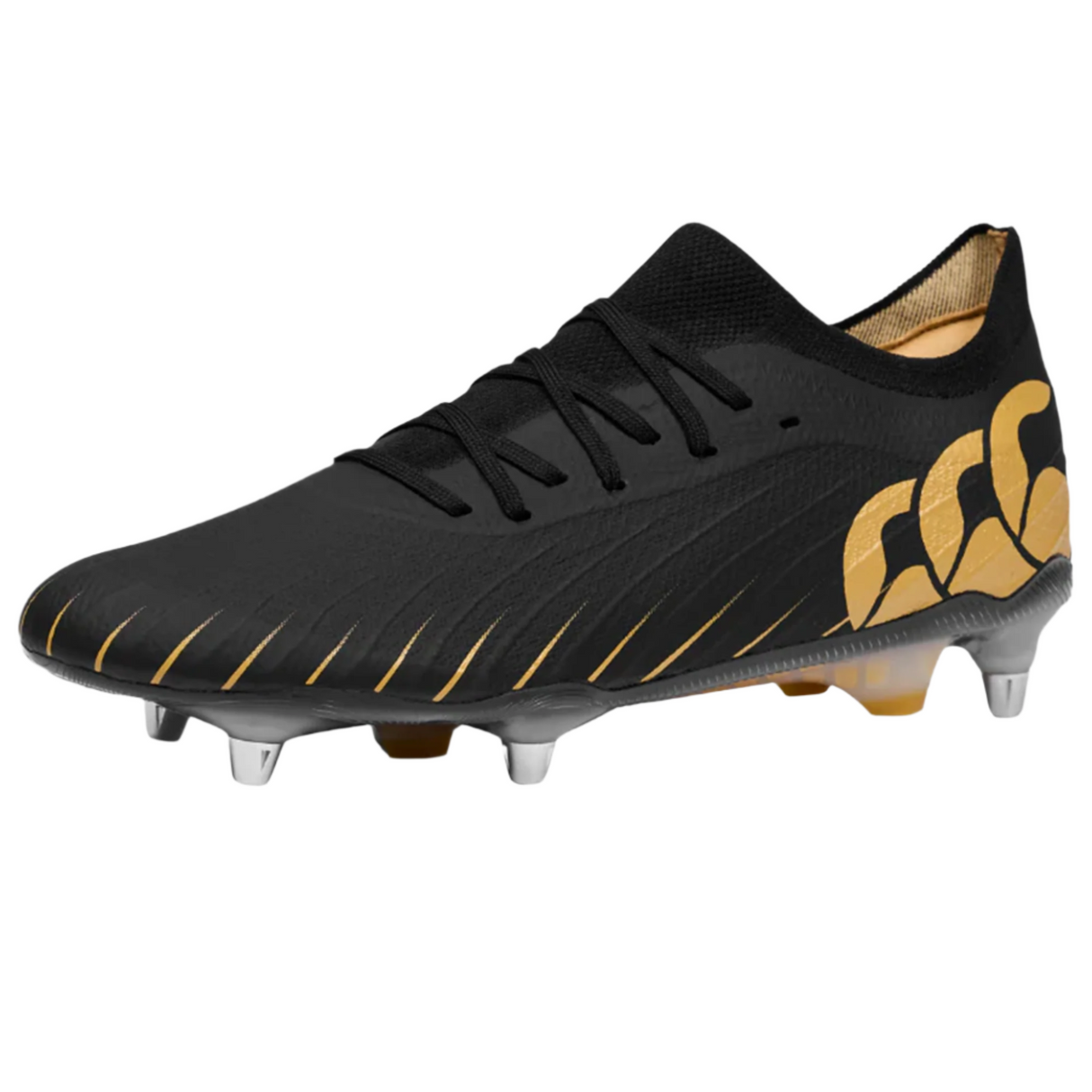 The Canterbury Speed Falcon Elite SG rugby boot in black features metallic studs for soft ground, laces, and a gold heel pattern, displayed on a plain light background.