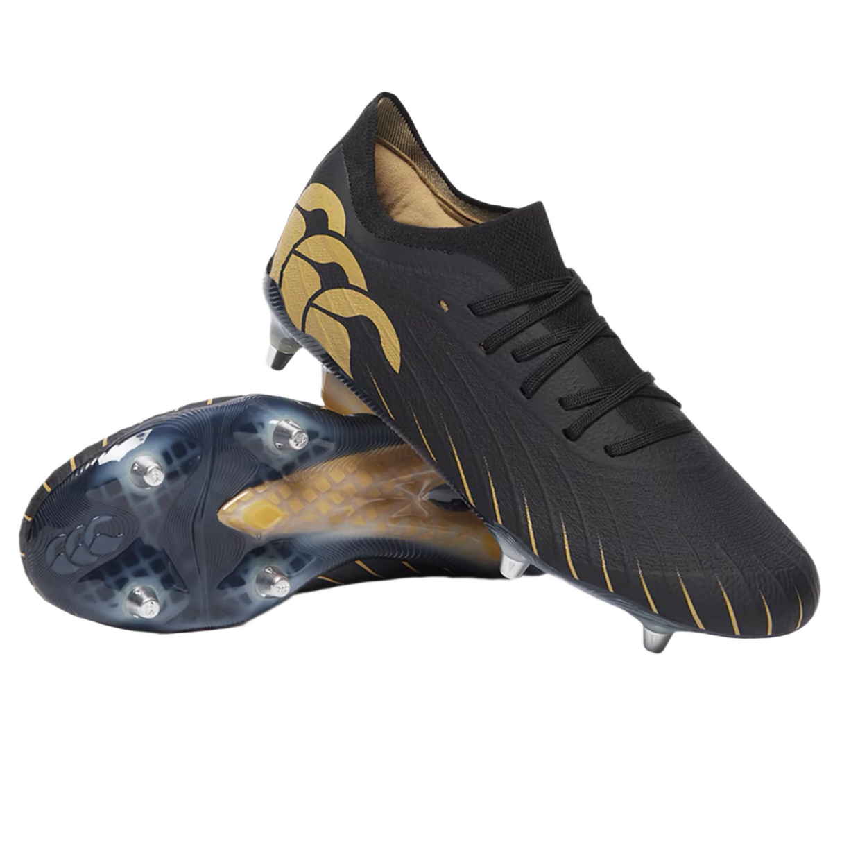 The Speed Falcon Elite SG by Canterbury in black features gold accents, wave patterns, metal studs, and a lace-up design—perfect lightweight rugby boots for agile play.
