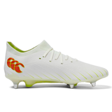The Canterbury Speed Falcon Elite SG rugby boots in Snow White/Tangerine Tango feature a lace-up design, red side logo, and metal studs—engineered by Canterbury for elite-level performance on soft ground.