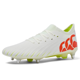 The Canterbury Speed Falcon Elite SG rugby boot in Snow White/Tangerine Tango features red logo details, lime green accents, and metal studs for elite soft ground play. Shown on a plain white background.