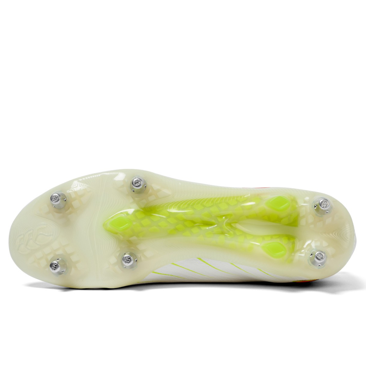 Close-up of the sole of the Canterbury Speed Falcon Elite SG - Snow White/Tangerine Tango, featuring six metal studs and a translucent yellow-white design—engineered by Canterbury for elite performance on soft ground.
