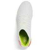 Top view of the Canterbury Speed Falcon Elite SG - Snow White/Tangerine Tango, elite soft ground rugby boots featuring subtle yellow and orange accents and the Canterbury logo on the green insole.