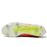 Bottom view of the Canterbury Speed Falcon Elite SG rugby boots in Tangerine Tango/Snow White, featuring a translucent soleplate with metal studs and a central yellow support – ideal for soft ground, by Canterbury.