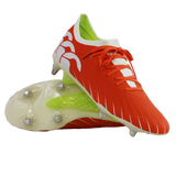 The Canterbury Speed Falcon Elite SG rugby boots in Tangerine Tango/Snow White feature metal studs, white accents and laces, a white and green inner lining, and are shown on a white background.