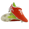 The Canterbury Speed Falcon Elite SG rugby boots in Tangerine Tango/Snow White feature metal studs, white accents and laces, a white and green inner lining, and are shown on a white background.