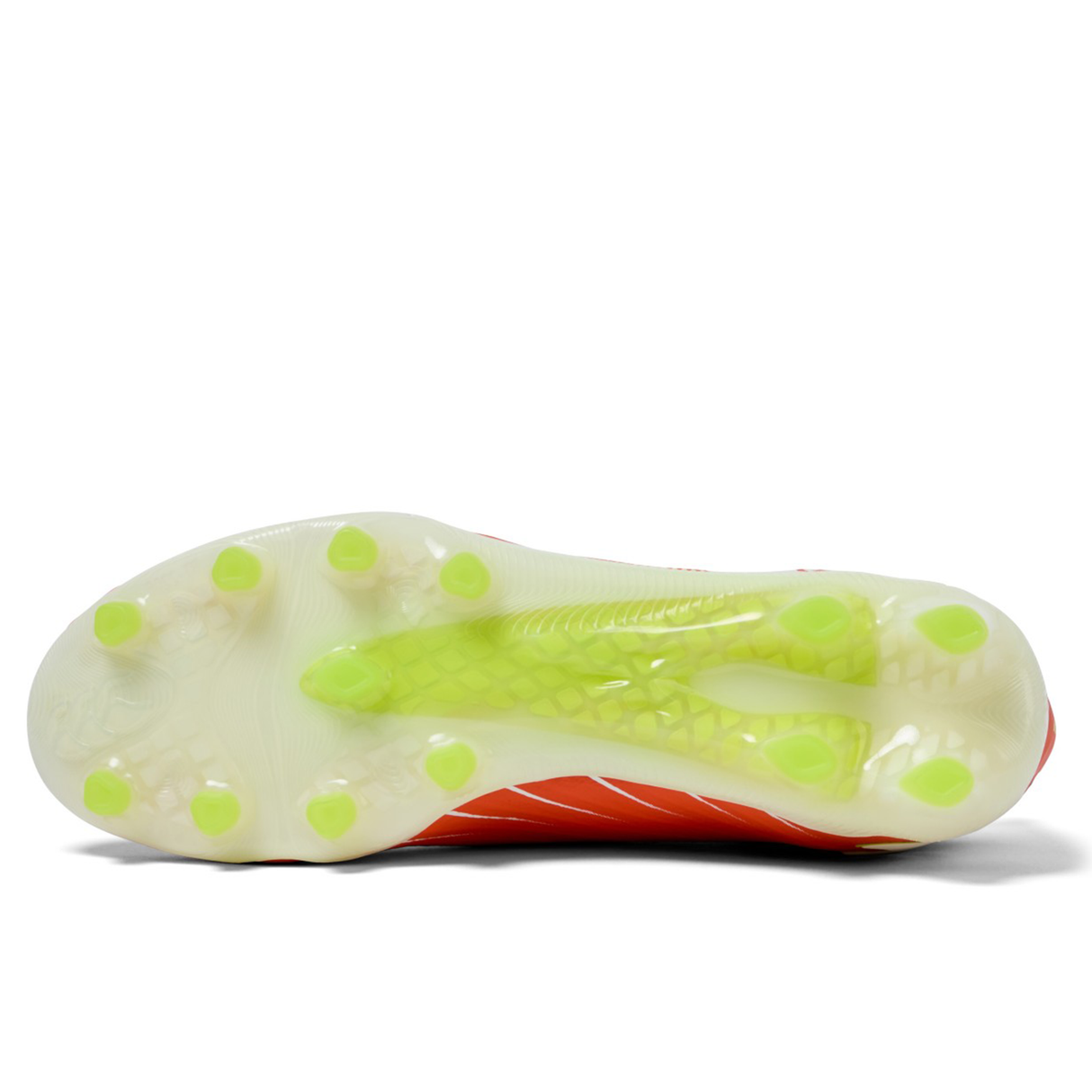 Bottom view of the Canterbury Speed Falcon Elite FG in Tangerine Tango/Snow White by Canterbury, a lightweight football boot with a white sole, lime green studs, and a textured midfoot plate ensuring exceptional grip on firm ground.