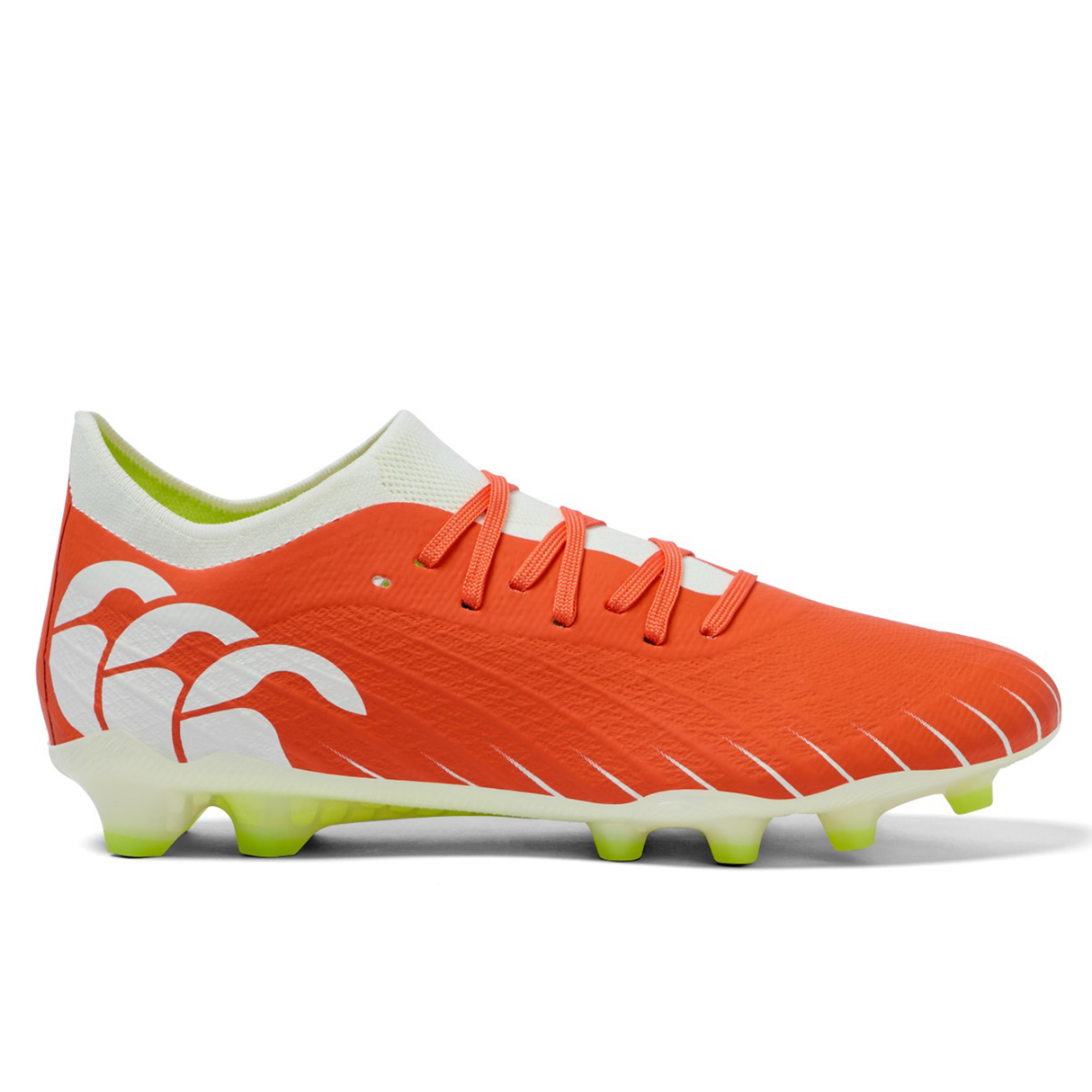 The Canterbury Speed Falcon Elite FG soccer cleat in Tangerine Tango/Snow White features a bright orange design with white accents and a light green sole, offering lightweight performance for firm ground.