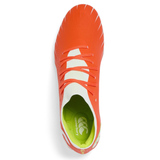 Top view of the Canterbury Speed Falcon Elite FG boots in Tangerine Tango and Snow White with orange laces, light green insole with Canterbury logo—ideal firm ground football boots for athletes seeking style and performance.
