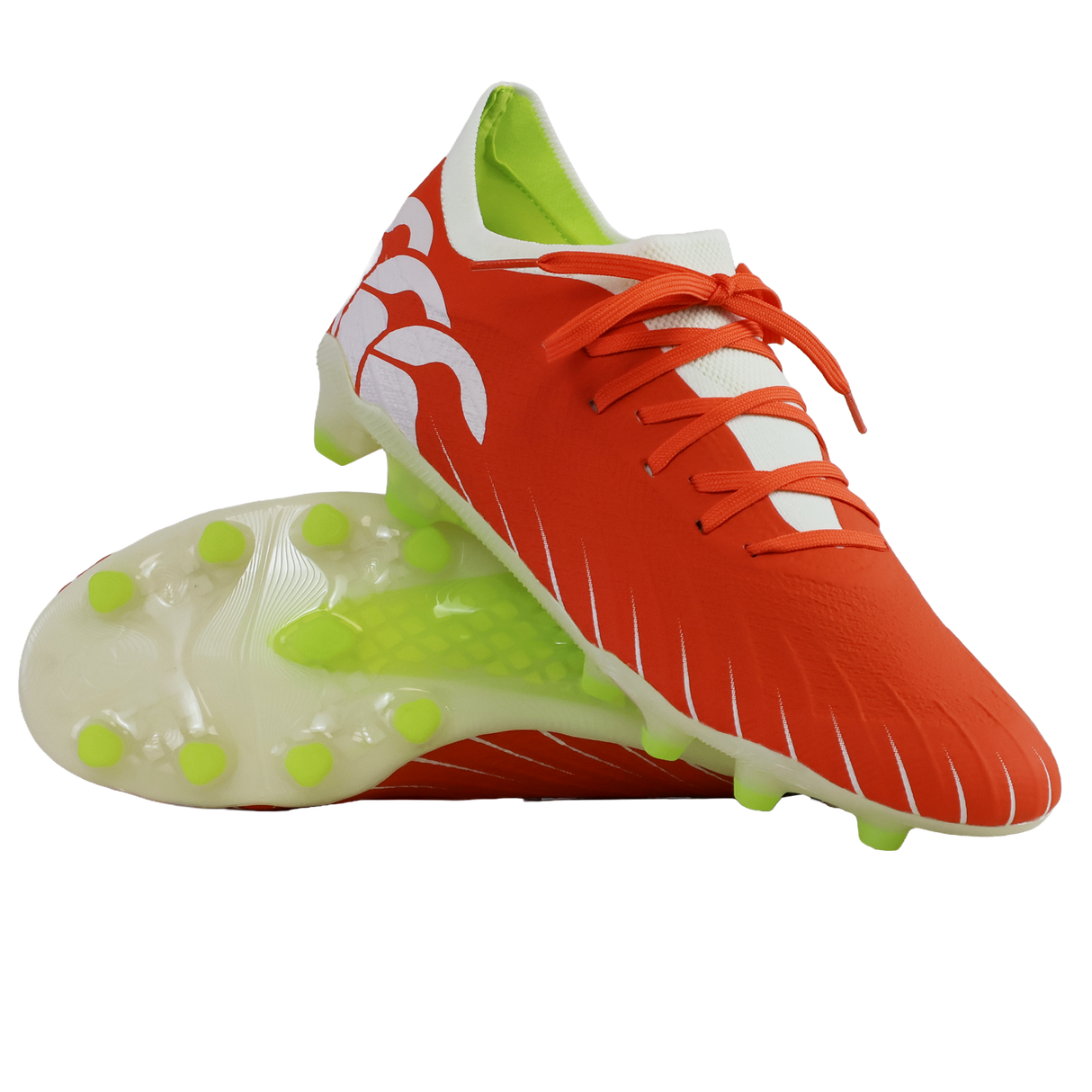 A pair of Canterbury Speed Falcon Elite FG football boots in Tangerine Tango/Snow White, featuring white accents, neon green studs, and white laces, displayed on a white background.