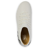 Top view of the Canterbury Speed Falcon Pro SG - White rugby boot, with laces, tan interior, and black heel accents. Features the Canterbury logo on the insole—perfect for soft ground rugby performance.