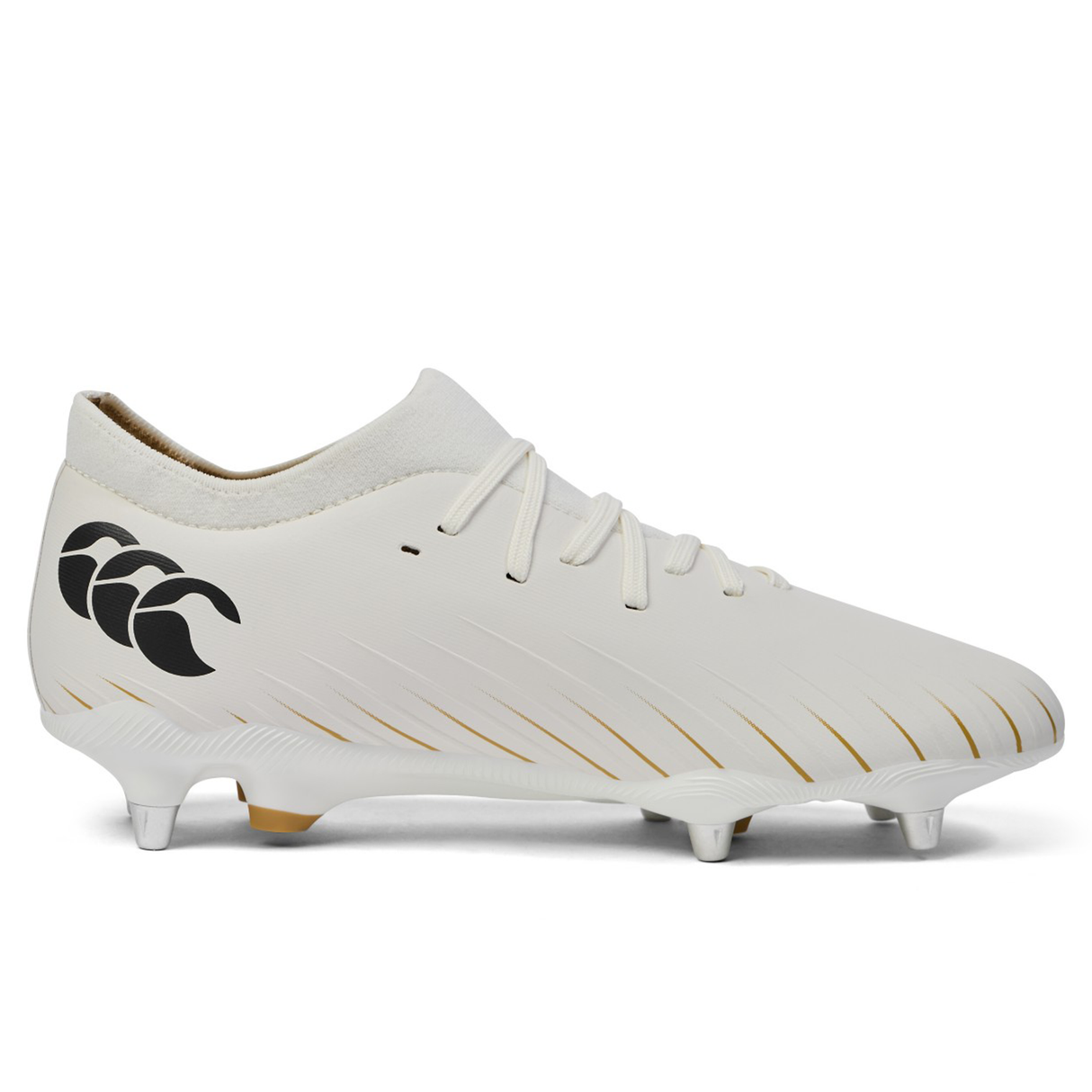 The Canterbury Speed Falcon Pro SG in white features a lace-up design, metallic soft ground studs, and a black heel logo. Lightweight for stability and speed, this rugby boot is built for top performance on the pitch.