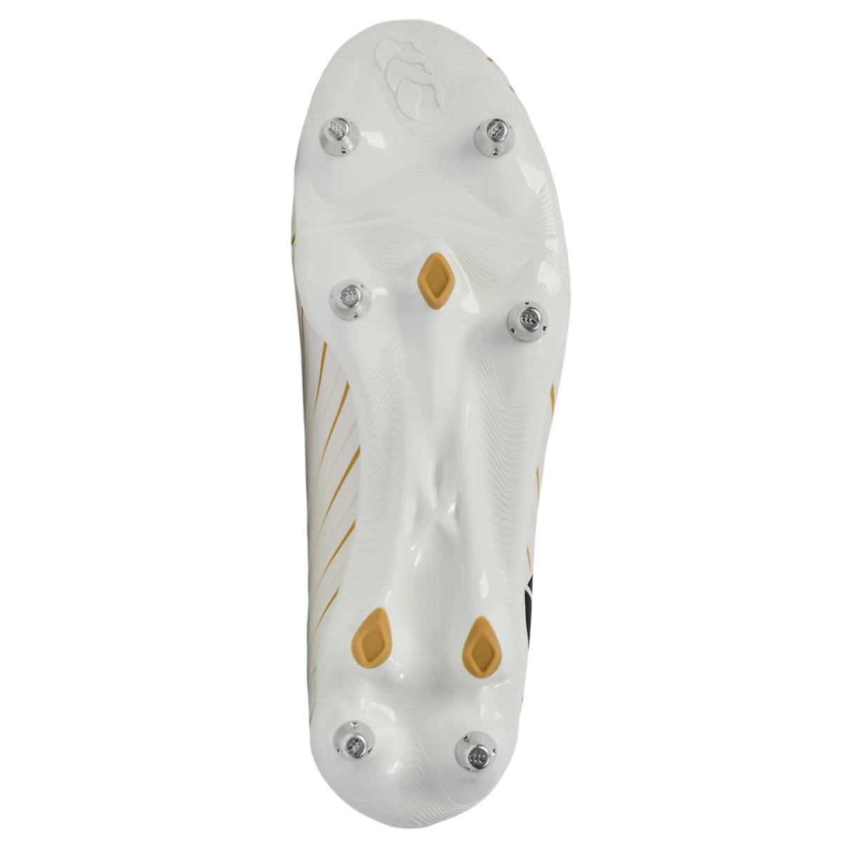 Close-up of the Canterbury Speed Falcon Pro SG - White rugby boots by Canterbury, highlighting the white sole with six metal studs and yellow accents, against a plain background.