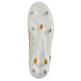 Close-up of the Canterbury Speed Falcon Pro SG - White rugby boots by Canterbury, highlighting the white sole with six metal studs and yellow accents, against a plain background.
