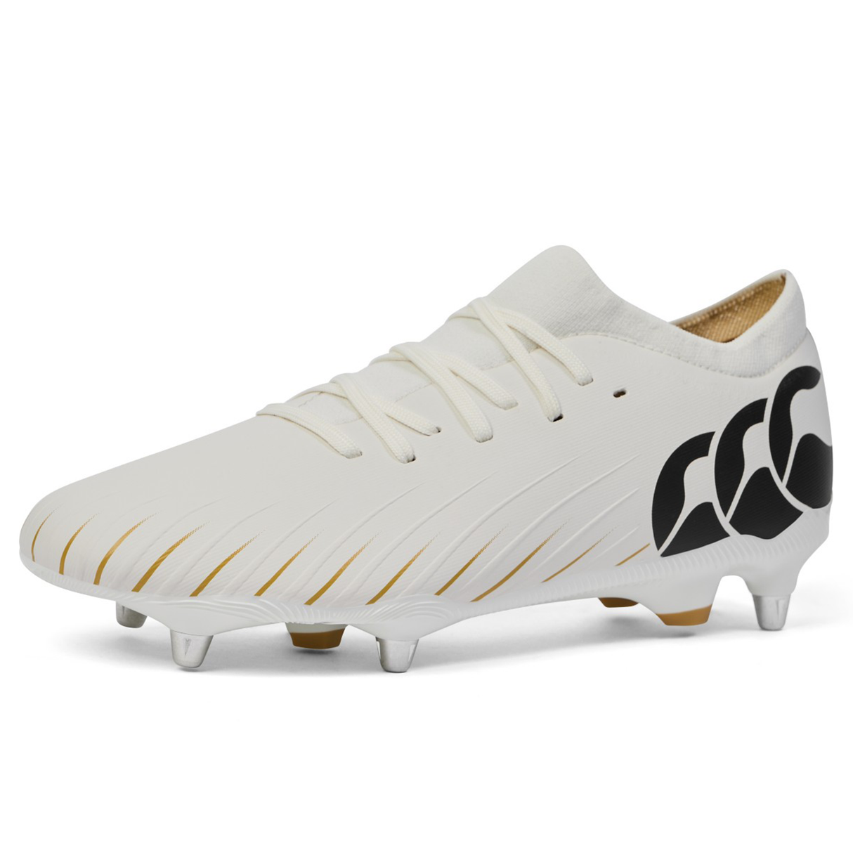The Canterbury Speed Falcon Pro SG - White is a lightweight soft ground rugby boot with gold accents, a black side logo, and metal studs by Canterbury. Photographed against a plain background.