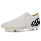 The Canterbury Speed Falcon Pro SG - White is a lightweight soft ground rugby boot with gold accents, a black side logo, and metal studs by Canterbury. Photographed against a plain background.
