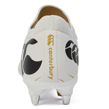 Rear view of the Canterbury Speed Falcon Pro SG - White, a lightweight rugby boot with black and gold branding, two metal studs for soft ground performance.