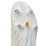 Close-up of the Canterbury Speed Falcon Pro SG - White sole, featuring four metal studs and a yellow arch detail—lightweight rugby boots by Canterbury designed for soft ground.