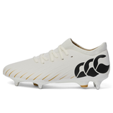 The Canterbury Speed Falcon Pro SG - White is a lightweight Canterbury rugby boot with black logo details, gold accents on the sole, and metal studs for soft ground, shown on a plain white background.