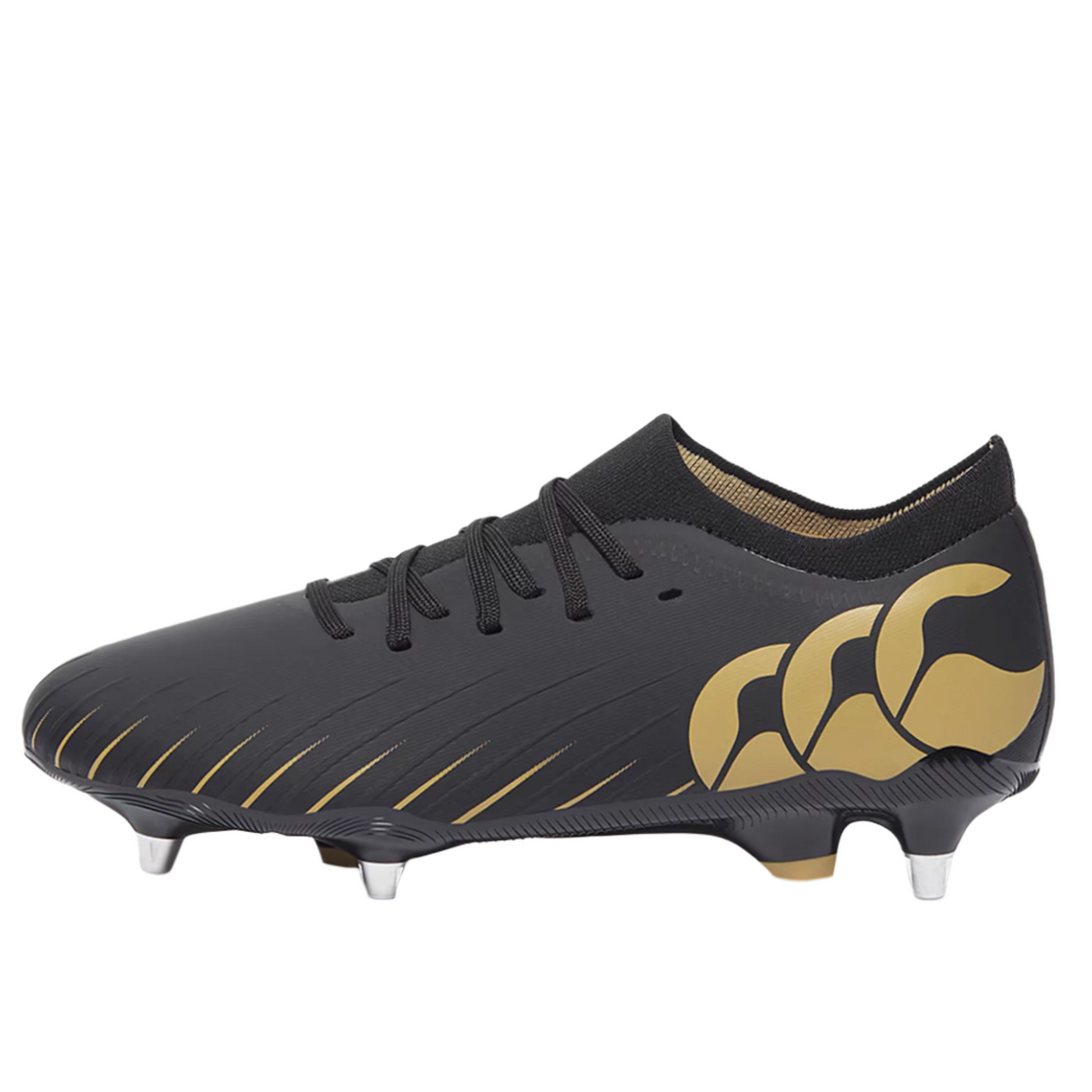 The Canterbury Speed Falcon Pro SG - Black rugby boot features a black and gold design with silver metal studs, a prominent gold logo on the side, and black laces—perfect for soft ground play.