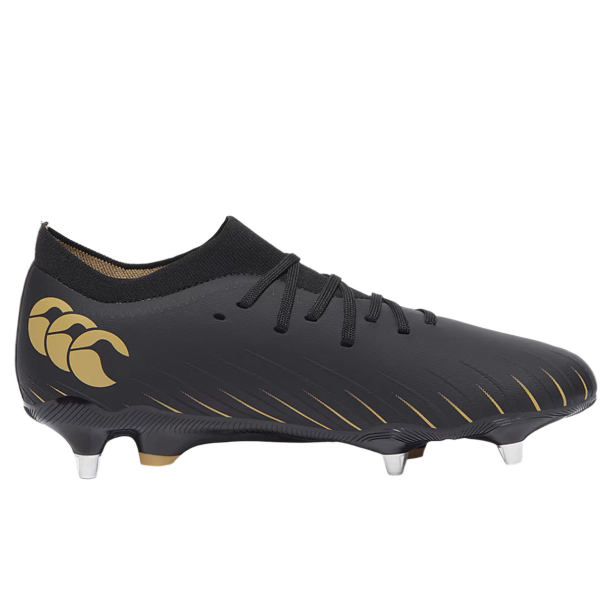 The Canterbury Speed Falcon Pro SG - Black rugby boots by Canterbury feature gold accents, a lace-up front, and metal studs for soft ground play, displayed in side profile against a plain white background.