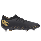 The Canterbury Speed Falcon Pro SG - Black rugby boots by Canterbury feature gold accents, a lace-up front, and metal studs for soft ground play, displayed in side profile against a plain white background.