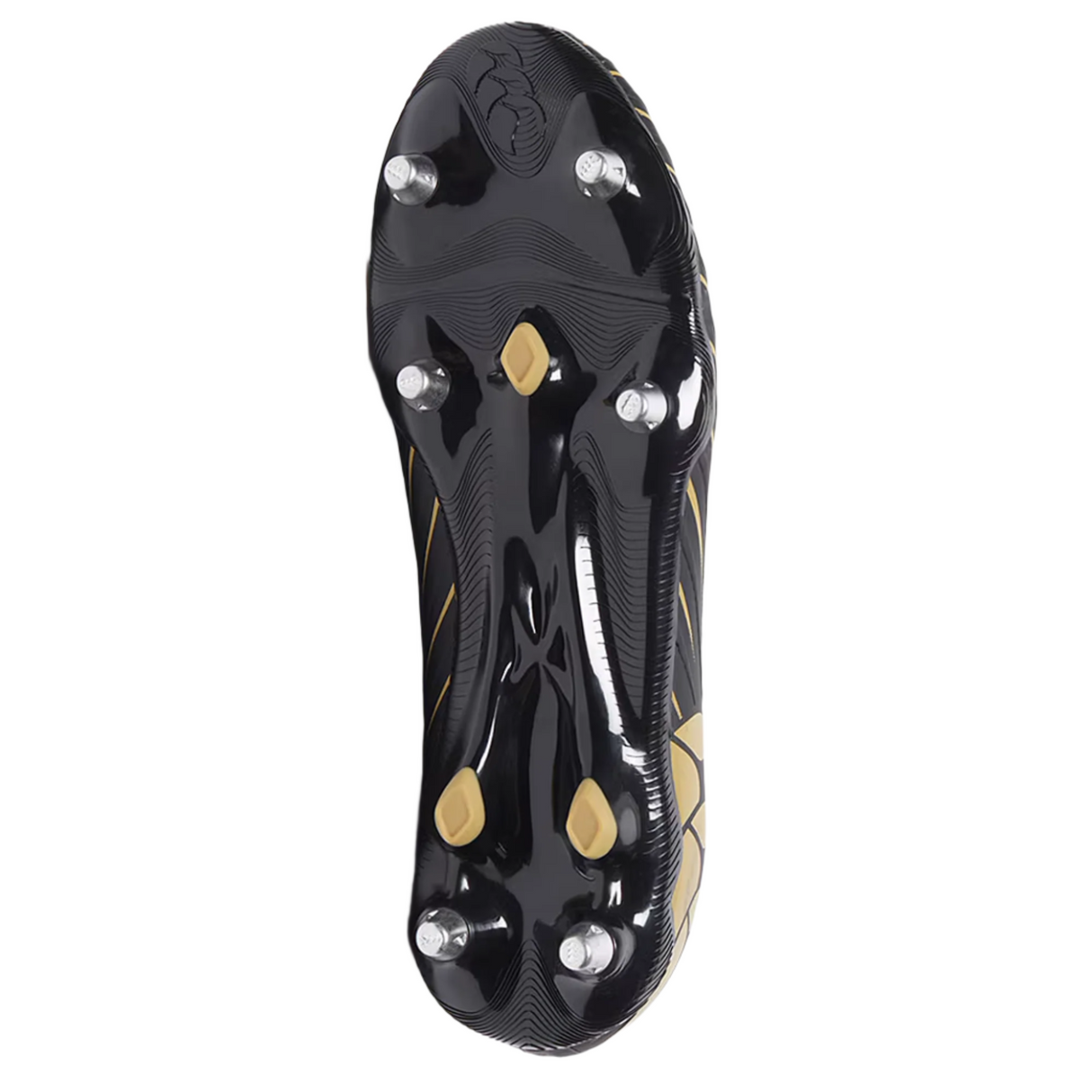 The image shows the black and gold sole of the Canterbury Speed Falcon Pro SG rugby boots, featuring six metal studs and three gold grip points for top performance on soft ground.