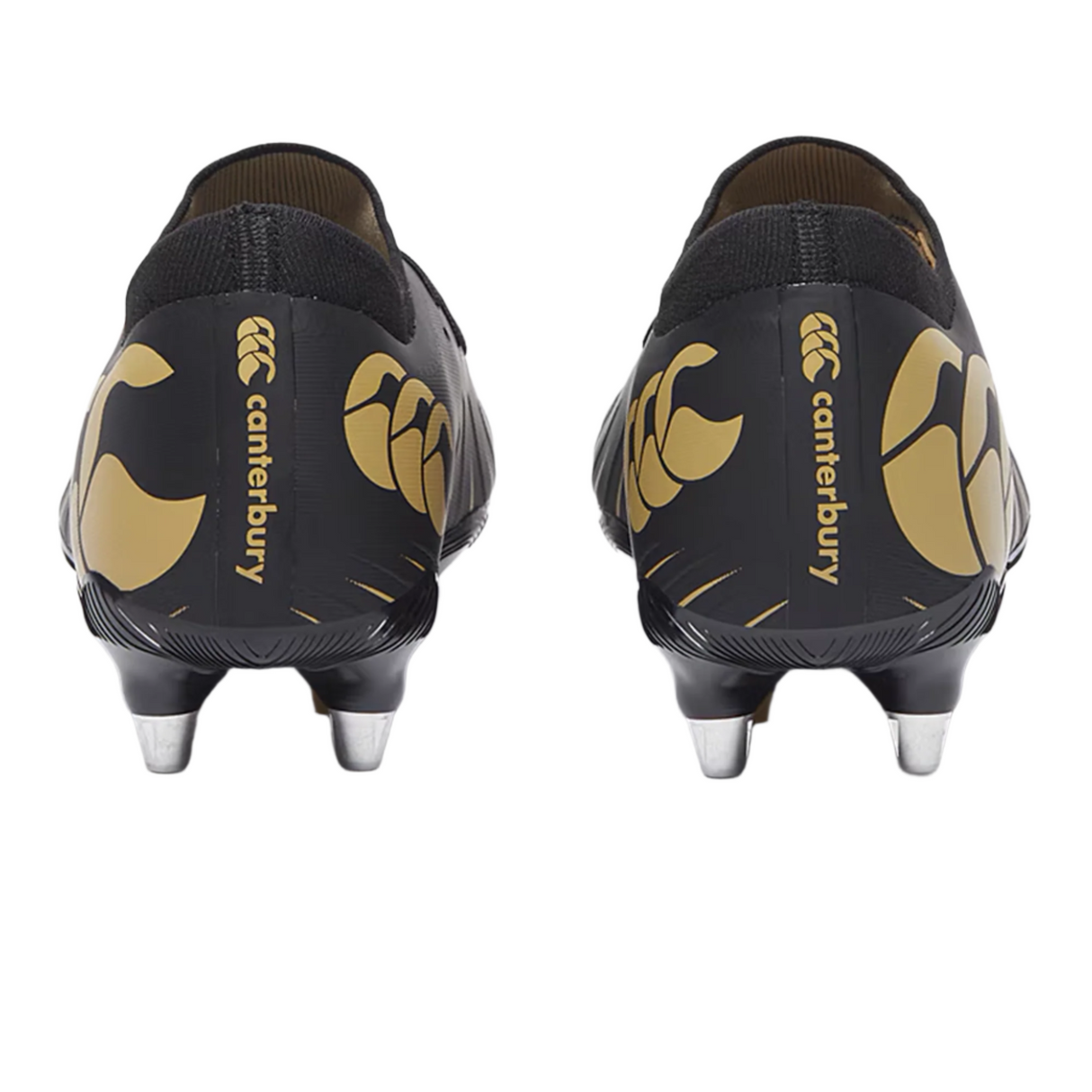 Rear view of Canterbury Speed Falcon Pro SG rugby boots in black with metal studs for soft ground, featuring the Canterbury logo on the heels.