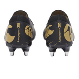 Rear view of Canterbury Speed Falcon Pro SG rugby boots in black with metal studs for soft ground, featuring the Canterbury logo on the heels.